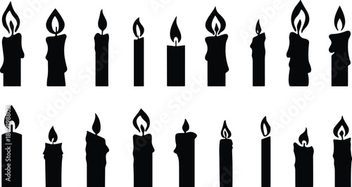 Vector collection of burning candle silhouettes, black light fire flame icon, holiday decoration, memorial prayer symbol, isolated glowing wax element set