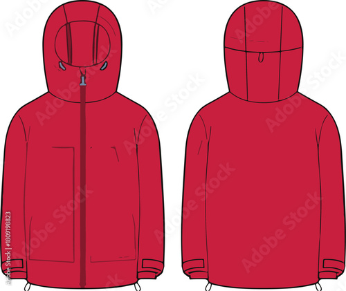 Red hooded jacket CAD drawing flat vector illustration, fashion technical sketch, apparel design template, sportswear outerwear mockup, outdoor clothing design element