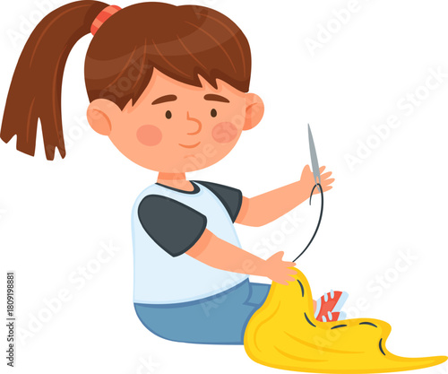 Girl learning sewing with needle, thread, and fabric