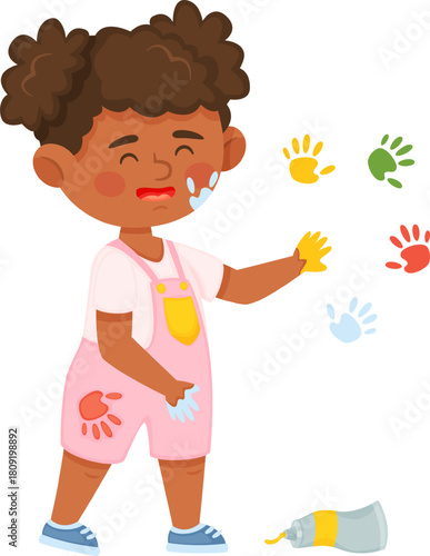 Little girl feeling frustrated after messy art playing