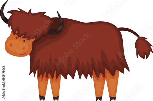 Brown furry yak cartoon character standing isolated