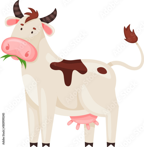 Cartoon cow chewing green grass standing farm animal