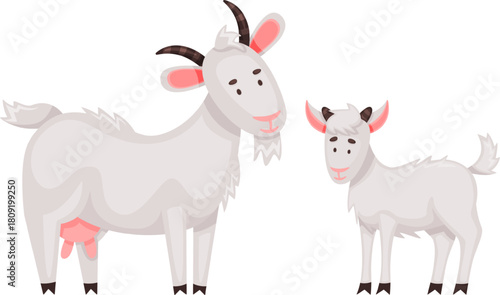 Mother goat and kid standing together farm animals