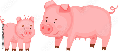 Mother pig and piglet standing on white background