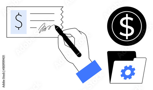 Hand signing check with pen, dollar circle, and gear file signifying payment, finance, banking, budget, documentation, accounting and process optimization. Ideal for business taxation saving