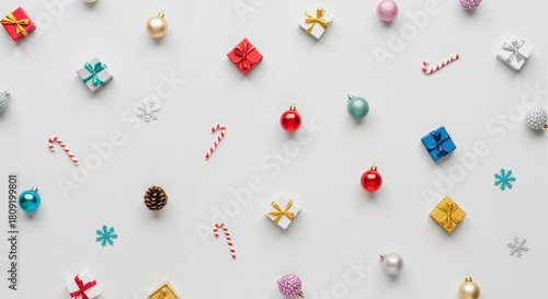 Charming Christmas pattern with gifts and ornaments on light background