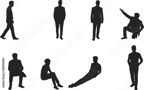 PrintHuman silhouette poses, walking, sitting, standing, kneeling, gesture icons, flat vector, cad drawing, black people shapes, minimal illustration set