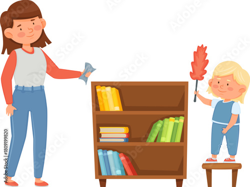 Mother and child cleaning bookshelf together