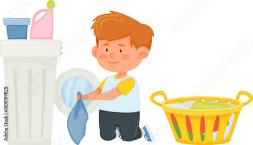 Young boy learning doing laundry household chores