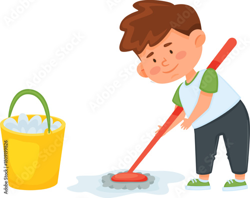 Boy cleaning floor, doing house chores with mop