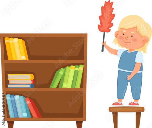 Child cleaning bookshelf, helping with domestic chores