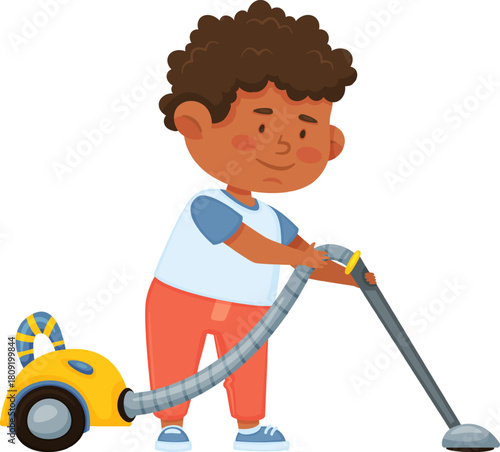 Little boy vacuuming floor performing household chores
