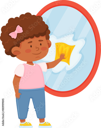 Girl cleaning mirror with cloth at home