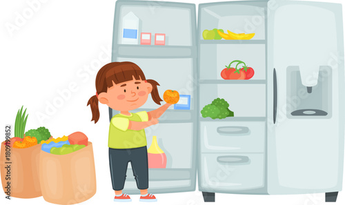 Little girl organizing fresh groceries into kitchen refrigerator