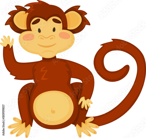 Cute cartoon monkey character waving hand cheerfully