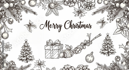 Elegant Christmas pattern with hand-drawn decorations and 