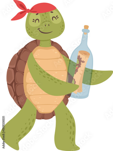 Pirate turtle finding treasure map in a bottle