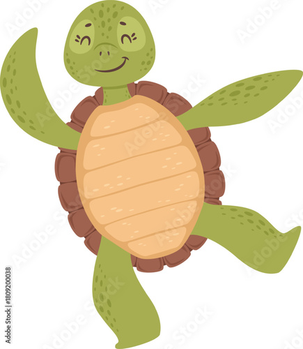 Happy sea turtle standing up and waving flipper