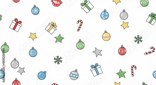 Playful Christmas pattern with gifts and ornaments in colorful design