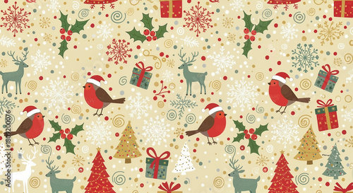 Festive Christmas pattern with birds, gifts, and reindeer in traditional style