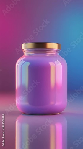 Product jar mockup with golden cap and glossy purple cream on blue and pink gradient background