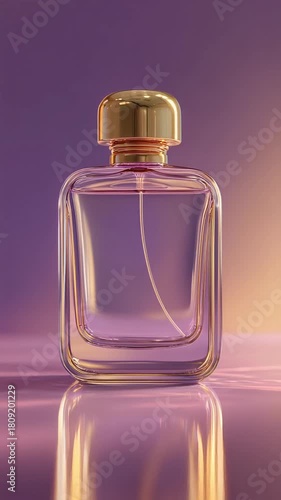Square perfume bottle mockup with golden cap on reflective purple and pink gradient background