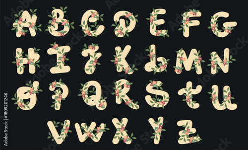 Floral alphabet collection composed of flower and leaf branches. Vector illustration, great for invitations