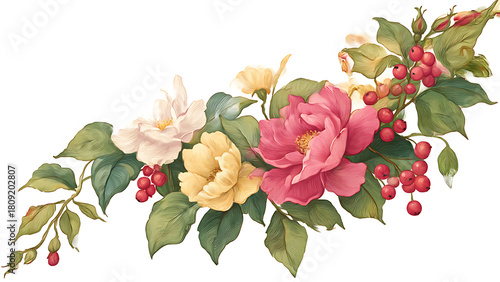 Fototapeta Naklejka Na Ścianę i Meble -  Horizontal Floral Arrangement with Pink, Yellow, and White Flowers and Red Berries Isolated on White
