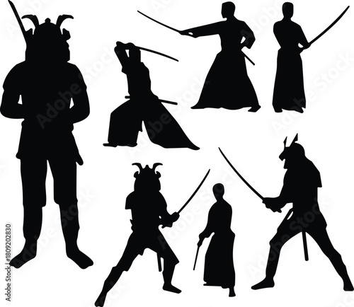 Samurai Warriors Silhouette Set, Martial Arts Fighters, Katana Sword Combat Poses, Japanese Warrior Traditional Action Vector Illustration, Historical Kendo Training, Cultural Oriental Battle.