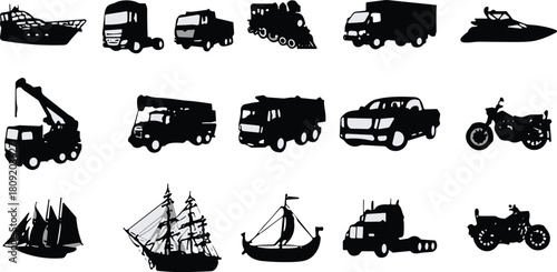 Black and white silhouette transport vehicle collection, including cars, trucks, boats, trains, and motorcycles, cad drawing flat vector illustration, cargo, delivery, travel, journey.