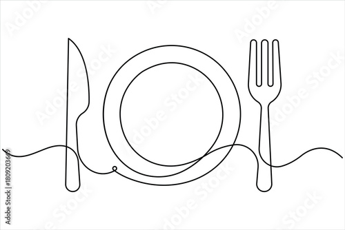 One continuous line art drawing of fork, knife and plate design. Single line art of food tools for restaurant menu, poster or banner in linear minimalist design vector illustration
