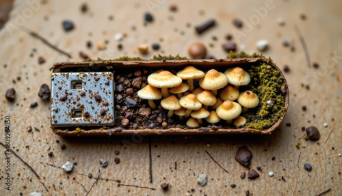 Closeup Mushrooms Small Container with Rusted Metal