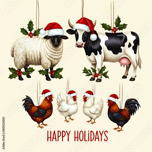 Festive farm animals, adorned with Santa hats and holly, celebrating Christmas holidays.