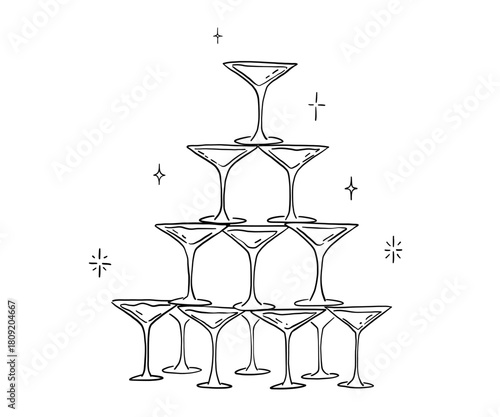 Whimsical cocktail glasses tower, vector outline illustration, sketch for party invitation, martini drinks doodle linework