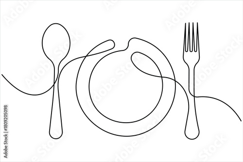 One continuous line art drawing of fork, spoon and plate design. Single line art of food tools for restaurant menu, poster or banner in linear minimalist design vector illustration
