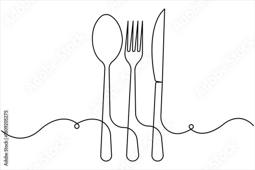 One continuous line art drawing of fork, spoon and knife design. Single line art of food tools for restaurant menu, poster or banner in linear minimalist design vector illustration
