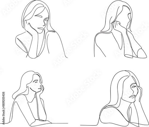 Set of Minimalist Continuous Line Drawing of a Thoughtful Woman Resting Chin on Hand