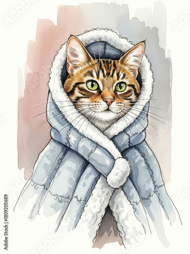 Wallpaper Mural Watercolor Painting of Tabby Cat in Fur-Trimmed Coat Torontodigital.ca