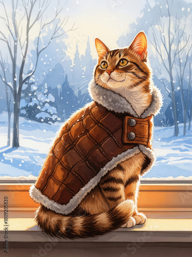 Wallpaper Mural Tabby Cat Wearing Coat on Windowsill with Winter Background Torontodigital.ca