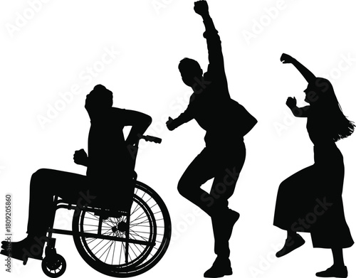 Black silhouette of happy friends dancing together including man in wheelchair, celebrating diversity and inclusion, isolated on white background, vector