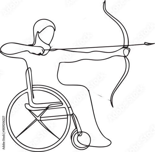 Minimalist Continuous Line Drawing of Wheelchair Archer Aiming Bow and Arrow