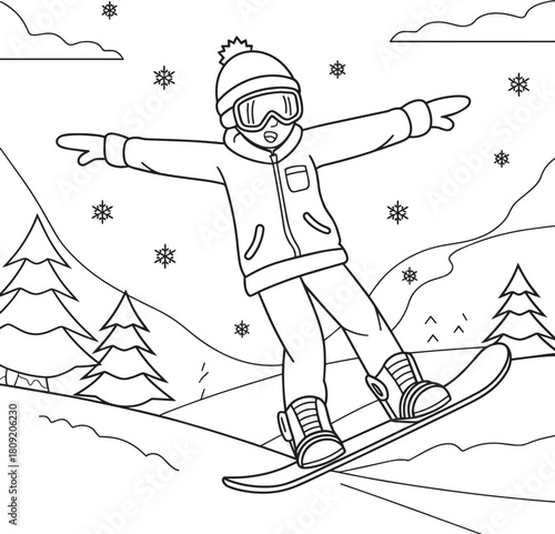 Boy enjoys snowboarding in winter scene with pine trees and falling snowflakes
