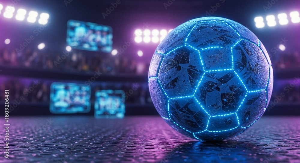 Fototapeta premium A futuristic soccer ball illuminated with neon blue lights sits on a wet surface in a stadium arena