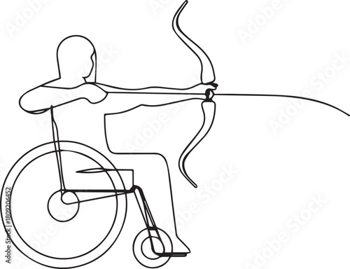 Minimalist Continuous Line Drawing of Wheelchair Archer Aiming Bow and Arrow