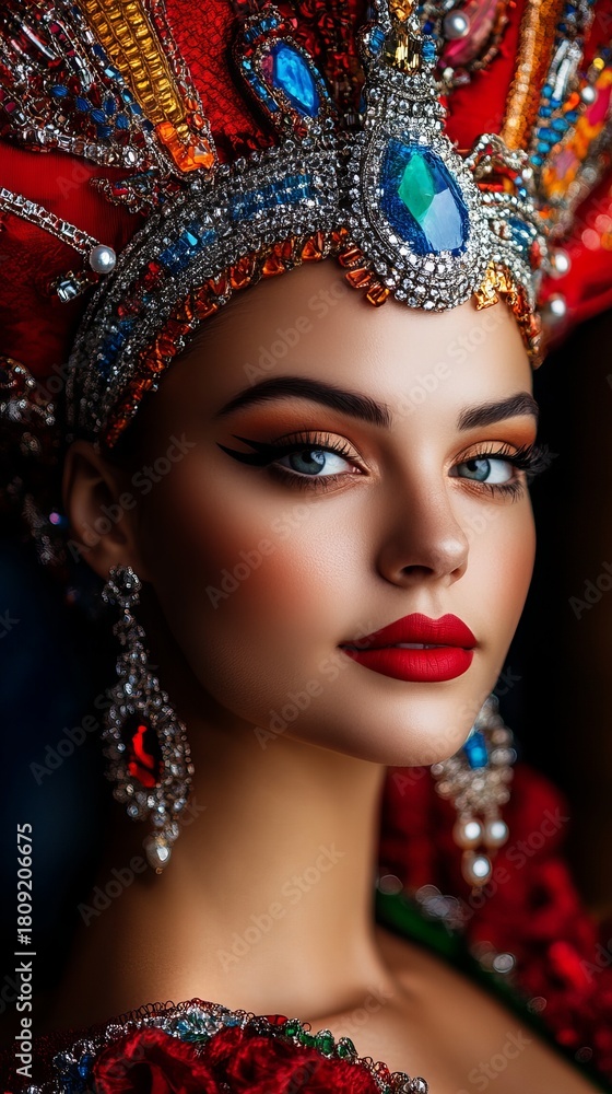 Fototapeta premium Woman posing gracefully wears ornate red headdress adorned with jewels, complementing her red lipstick and eye makeup.
