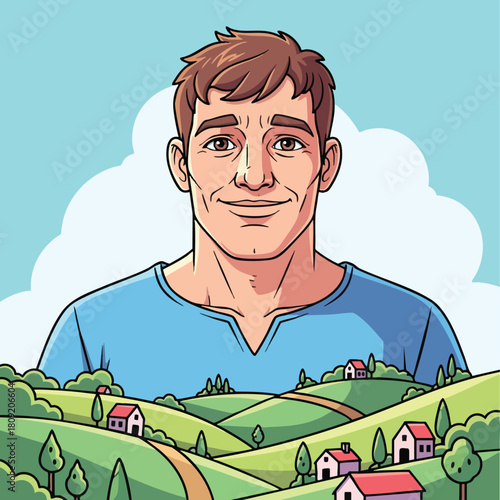 Young Man Smiling Over Rolling Hills Landscape