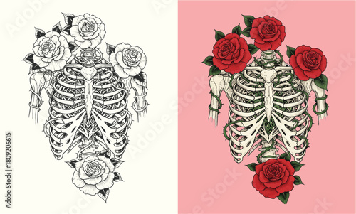 Vintage Engraving Skeleton Rib Cage with Roses Graphic