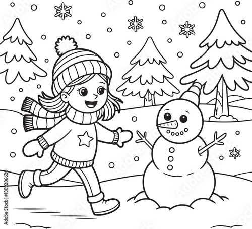 Girl is playing with snowman in winter landscape with fir tree and snowflakes