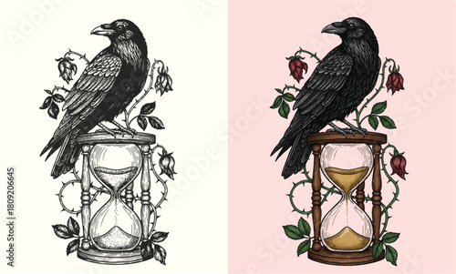 Vintage Engraving Raven Crow on Hourglass Graphic