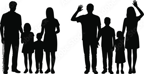 Black silhouette of happy family with two children standing together and waving hello, isolated on white background, vector illustration